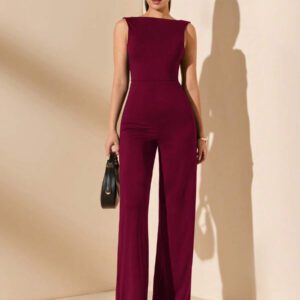 SHEIN BAE Jumpsuit élégant et sexy dos nu avec bretelles à nœud, sans manches, jambe extra-large. Polyvalent pour les sorties décontractées, les rendez-vous, les fêtes et les rassemblements - Jumpsuit asymétrique à jambe large, Jumpsuit pour la Saint-Valentin, Jumpsuit de tous les jours, Jumpsuit élégant