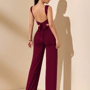SHEIN BAE Jumpsuit élégant et sexy dos nu avec bretelles à nœud, sans manches, jambe extra-large. Polyvalent pour les sorties décontractées, les rendez-vous, les fêtes et les rassemblements - Jumpsuit asymétrique à jambe large, Jumpsuit pour la Saint-Valentin, Jumpsuit de tous les jours, Jumpsuit élégant