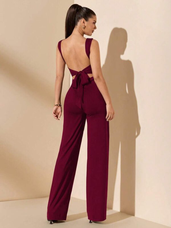 SHEIN BAE Jumpsuit élégant et sexy dos nu avec bretelles à nœud, sans manches, jambe extra-large. Polyvalent pour les sorties décontractées, les rendez-vous, les fêtes et les rassemblements - Jumpsuit asymétrique à jambe large, Jumpsuit pour la Saint-Valentin, Jumpsuit de tous les jours, Jumpsuit élégant – Image 12
