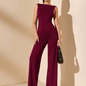 SHEIN BAE Jumpsuit élégant et sexy dos nu avec bretelles à nœud, sans manches, jambe extra-large. Polyvalent pour les sorties décontractées, les rendez-vous, les fêtes et les rassemblements - Jumpsuit asymétrique à jambe large, Jumpsuit pour la Saint-Valentin, Jumpsuit de tous les jours, Jumpsuit élégant