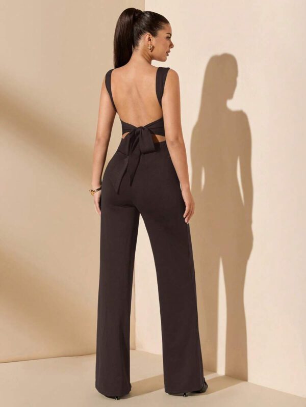 SHEIN BAE Jumpsuit élégant et sexy dos nu avec bretelles à nœud, sans manches, jambe extra-large. Polyvalent pour les sorties décontractées, les rendez-vous, les fêtes et les rassemblements - Jumpsuit asymétrique à jambe large, Jumpsuit pour la Saint-Valentin, Jumpsuit de tous les jours, Jumpsuit élégant – Image 16
