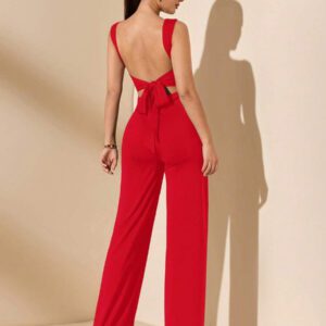 SHEIN BAE Jumpsuit élégant et sexy dos nu avec bretelles à nœud, sans manches, jambe extra-large. Polyvalent pour les sorties décontractées, les rendez-vous, les fêtes et les rassemblements - Jumpsuit asymétrique à jambe large, Jumpsuit pour la Saint-Valentin, Jumpsuit de tous les jours, Jumpsuit élégant