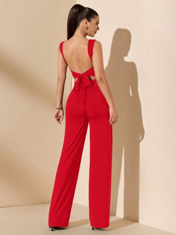 SHEIN BAE Jumpsuit élégant et sexy dos nu avec bretelles à nœud, sans manches, jambe extra-large. Polyvalent pour les sorties décontractées, les rendez-vous, les fêtes et les rassemblements - Jumpsuit asymétrique à jambe large, Jumpsuit pour la Saint-Valentin, Jumpsuit de tous les jours, Jumpsuit élégant – Image 26