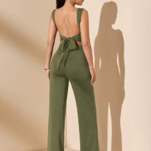 SHEIN BAE Jumpsuit élégant et sexy dos nu avec bretelles à nœud, sans manches, jambe extra-large. Polyvalent pour les sorties décontractées, les rendez-vous, les fêtes et les rassemblements - Jumpsuit asymétrique à jambe large, Jumpsuit pour la Saint-Valentin, Jumpsuit de tous les jours, Jumpsuit élégant
