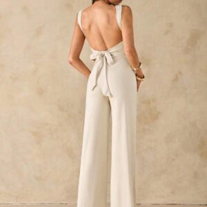 SHEIN BAE Jumpsuit élégant et sexy dos nu avec bretelles à nœud, sans manches, jambe extra-large. Polyvalent pour les sorties décontractées, les rendez-vous, les fêtes et les rassemblements - Jumpsuit asymétrique à jambe large, Jumpsuit pour la Saint-Valentin, Jumpsuit de tous les jours, Jumpsuit élégant