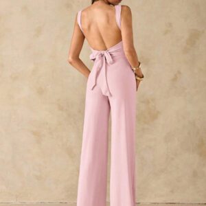 SHEIN BAE Jumpsuit élégant et sexy dos nu avec bretelles à nœud, sans manches, jambe extra-large. Polyvalent pour les sorties décontractées, les rendez-vous, les fêtes et les rassemblements - Jumpsuit asymétrique à jambe large, Jumpsuit pour la Saint-Valentin, Jumpsuit de tous les jours, Jumpsuit élégant