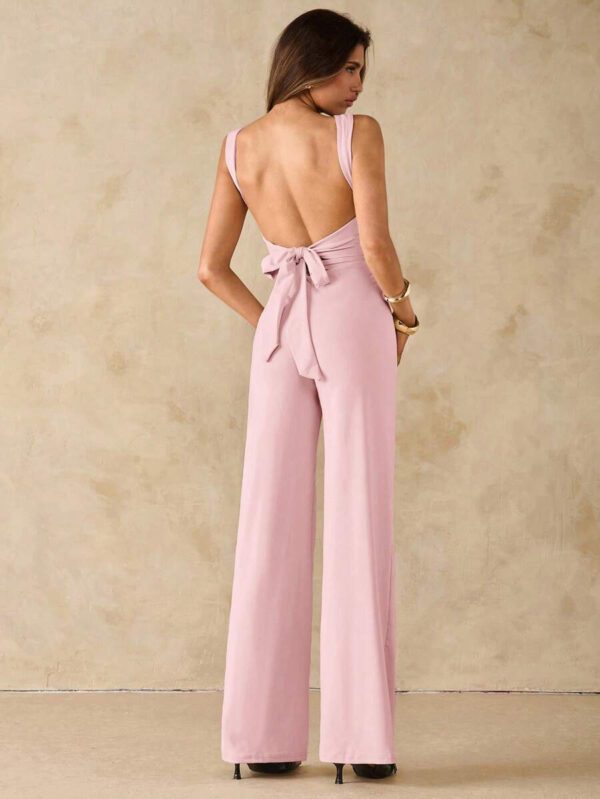 SHEIN BAE Jumpsuit élégant et sexy dos nu avec bretelles à nœud, sans manches, jambe extra-large. Polyvalent pour les sorties décontractées, les rendez-vous, les fêtes et les rassemblements - Jumpsuit asymétrique à jambe large, Jumpsuit pour la Saint-Valentin, Jumpsuit de tous les jours, Jumpsuit élégant – Image 44