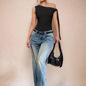 SHEIN BAE Body sans manche à col asymétrique avec détail torsadé, couleur unie, pour femme, pour loisirs ou vacances, couleur abricot