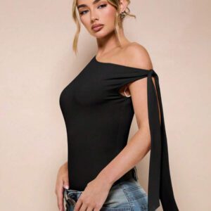 SHEIN BAE Body sans manche à col asymétrique avec détail torsadé, couleur unie, pour femme, pour loisirs ou vacances, couleur abricot