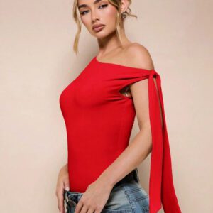 SHEIN BAE Body sans manche à col asymétrique avec détail torsadé, couleur unie, pour femme, pour loisirs ou vacances, couleur abricot