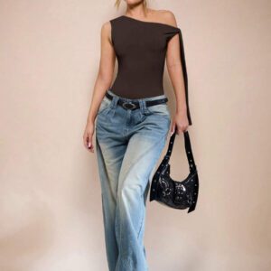 SHEIN BAE Body sans manche à col asymétrique avec détail torsadé, couleur unie, pour femme, pour loisirs ou vacances, couleur abricot