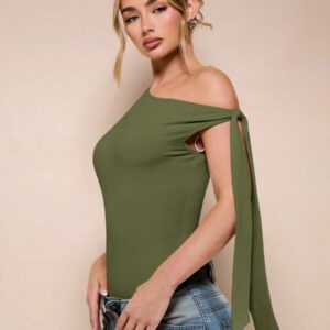 SHEIN BAE Body sans manche à col asymétrique avec détail torsadé, couleur unie, pour femme, pour loisirs ou vacances, couleur abricot