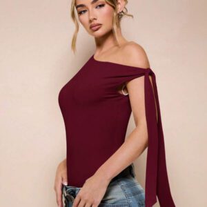 SHEIN BAE Body sans manche à col asymétrique avec détail torsadé, couleur unie, pour femme, pour loisirs ou vacances, couleur abricot