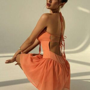 Aloruh Nouvelle combinaison sexy dos nu à la mode orange dopamine à col en V avec bretelles spaghetti et volants à la taille pour clubwear