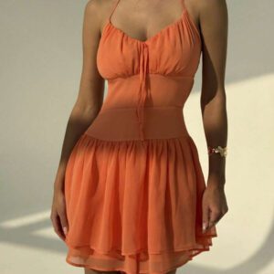 Aloruh Nouvelle combinaison sexy dos nu à la mode orange dopamine à col en V avec bretelles spaghetti et volants à la taille pour clubwear