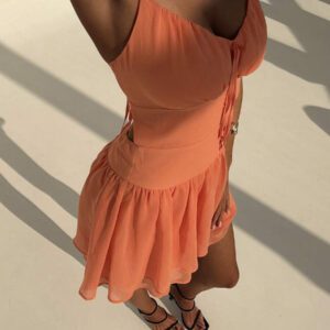 Aloruh Nouvelle combinaison sexy dos nu à la mode orange dopamine à col en V avec bretelles spaghetti et volants à la taille pour clubwear