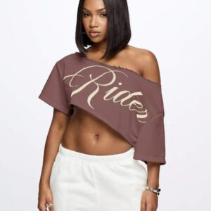 SUMWON WOMEN Top court style épaules dénudées avec logo calligraphié, tenue casual d'été pour festival, week-end, soirée, style urbain