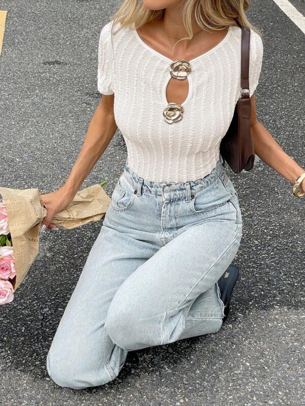 SHEIN Frenchy T-shirt à manches courtes unicolore, ajouré, décontracté et polyvalent pour l'été – Image 7