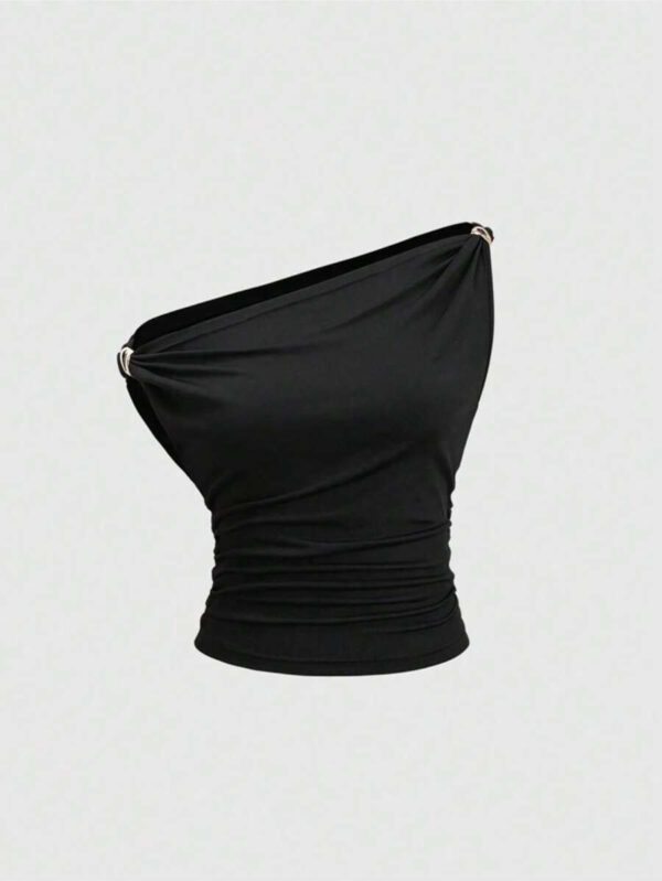 SHEIN Tall Nouveau top casual, sexy et réversible pour grandes filles, avec plissé carré asymétrique noir, décor de bouton doré, pour le printemps/l'été – Image 2