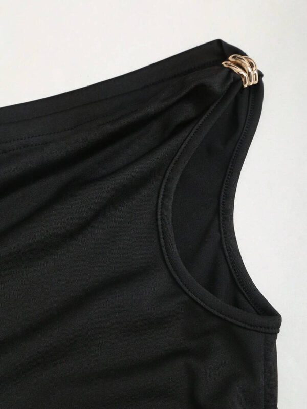 SHEIN Tall Nouveau top casual, sexy et réversible pour grandes filles, avec plissé carré asymétrique noir, décor de bouton doré, pour le printemps/l'été – Image 6
