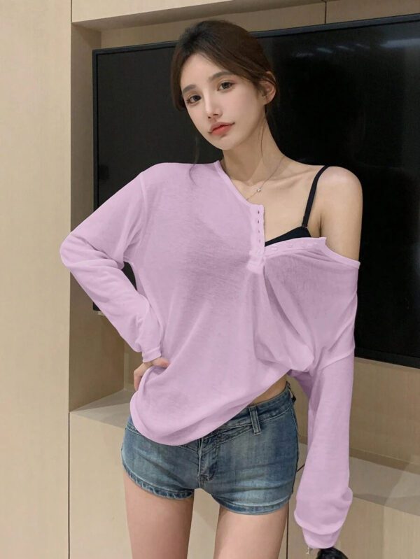 DAZY T-shirt à manches longues pour femmes, style décontracté polyvalent, de couleur unie et simple – Image 17