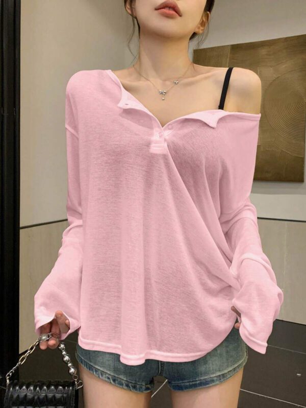 DAZY T-shirt à manches longues pour femmes, style décontracté polyvalent, de couleur unie et simple – Image 20