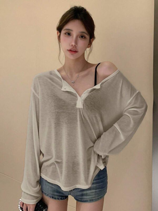 DAZY T-shirt à manches longues pour femmes, style décontracté polyvalent, de couleur unie et simple – Image 35