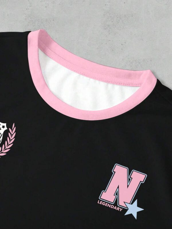 SHEIN T-shirt Femme Style Collège Sports Style Lettre Combinée Numérique Rétro Pois Sens de la Rue Décontracté – Image 4