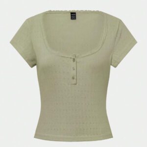 Zielony T-shirt femme à manches courtes avec bordure en dentelle, coupe ajustée élégante avec détail de 3 boutons, Top casual, nouvelles arrivages pour l'été