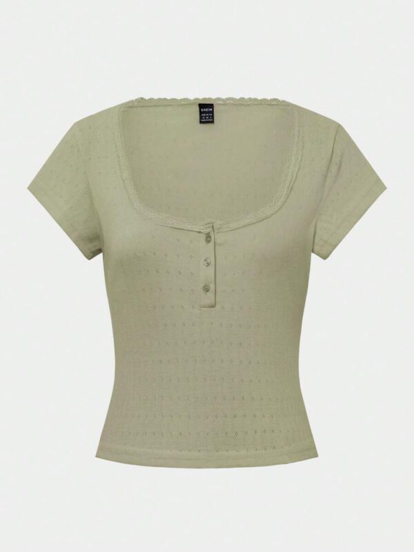 Zielony T-shirt femme à manches courtes avec bordure en dentelle, coupe ajustée élégante avec détail de 3 boutons, Top casual, nouvelles arrivages pour l'été – Image 22