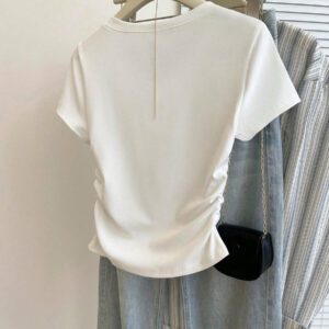 INAWLY T-shirt à manches courtes d'été à col en V ajusté style coréen avec design brodé