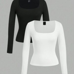 SHEIN EZwear 2 pièces/set T-shirt décontracté à manches longues et col carré moulant pour femme, adapté pour l'été