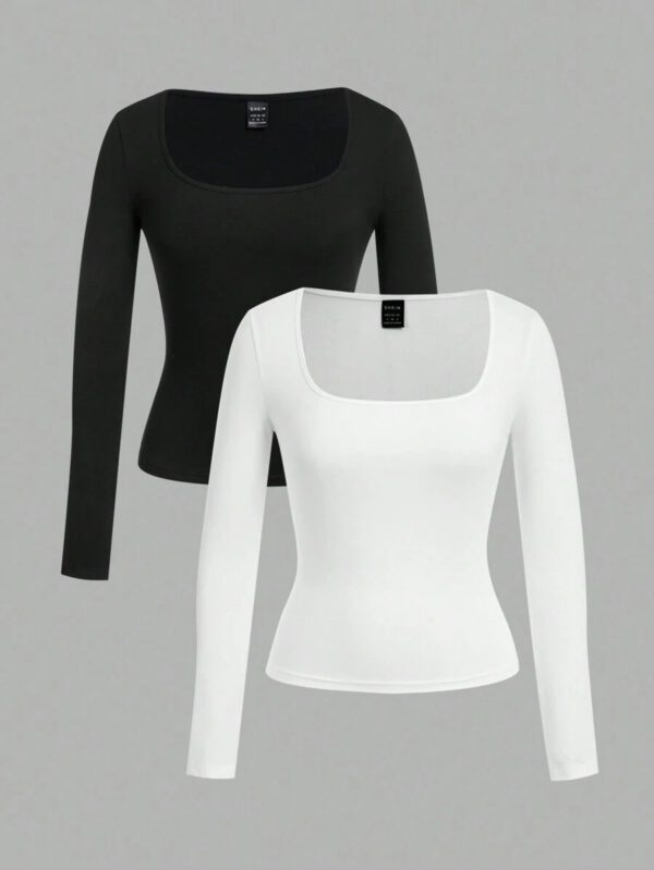 SHEIN EZwear 2 pièces/set T-shirt décontracté à manches longues et col carré moulant pour femme, adapté pour l'été – Image 2