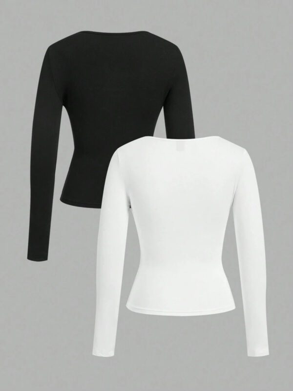 SHEIN EZwear 2 pièces/set T-shirt décontracté à manches longues et col carré moulant pour femme, adapté pour l'été – Image 3