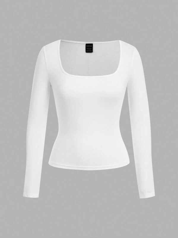 SHEIN EZwear 2 pièces/set T-shirt décontracté à manches longues et col carré moulant pour femme, adapté pour l'été – Image 4
