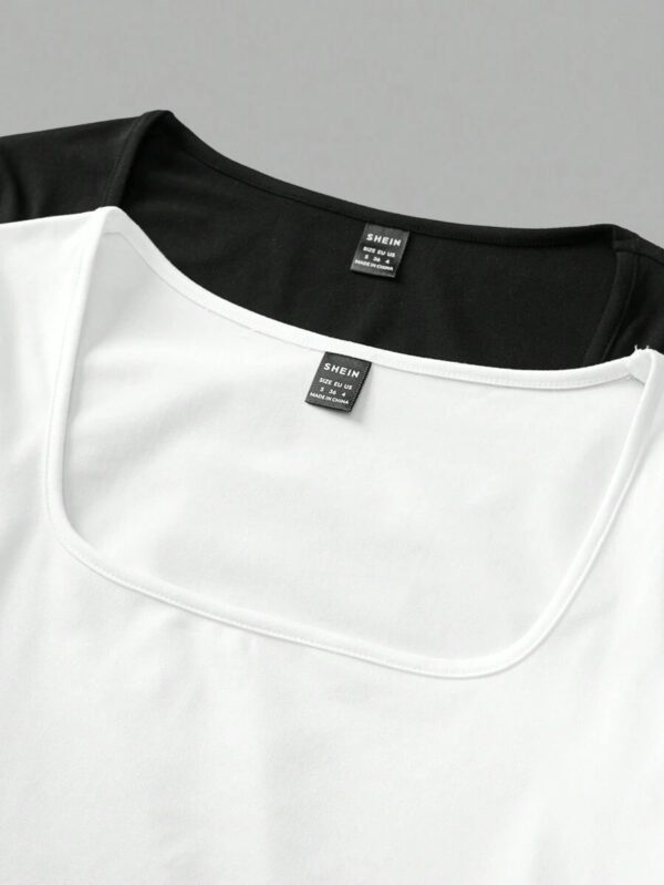 SHEIN EZwear 2 pièces/set T-shirt décontracté à manches longues et col carré moulant pour femme, adapté pour l'été – Image 6