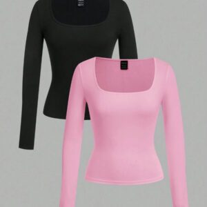 SHEIN EZwear 2 pièces/set T-shirt décontracté à manches longues et col carré moulant pour femme, adapté pour l'été