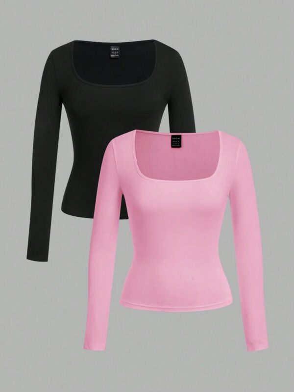 SHEIN EZwear 2 pièces/set T-shirt décontracté à manches longues et col carré moulant pour femme, adapté pour l'été – Image 9