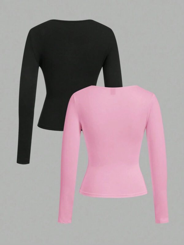 SHEIN EZwear 2 pièces/set T-shirt décontracté à manches longues et col carré moulant pour femme, adapté pour l'été – Image 10