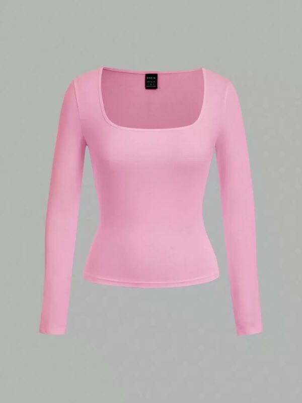 SHEIN EZwear 2 pièces/set T-shirt décontracté à manches longues et col carré moulant pour femme, adapté pour l'été – Image 14