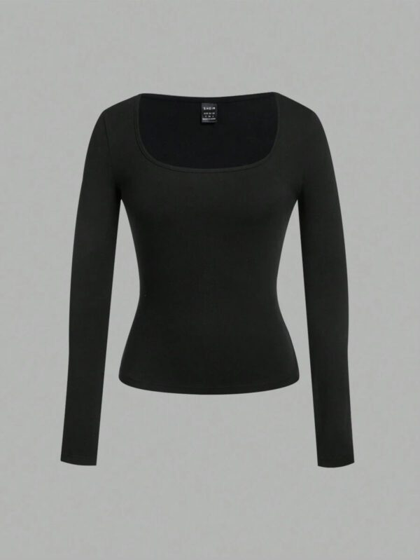 SHEIN EZwear 2 pièces/set T-shirt décontracté à manches longues et col carré moulant pour femme, adapté pour l'été – Image 15
