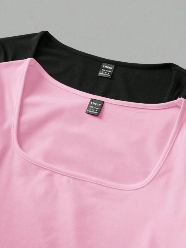 SHEIN EZwear 2 pièces/set T-shirt décontracté à manches longues et col carré moulant pour femme, adapté pour l'été – Image 18