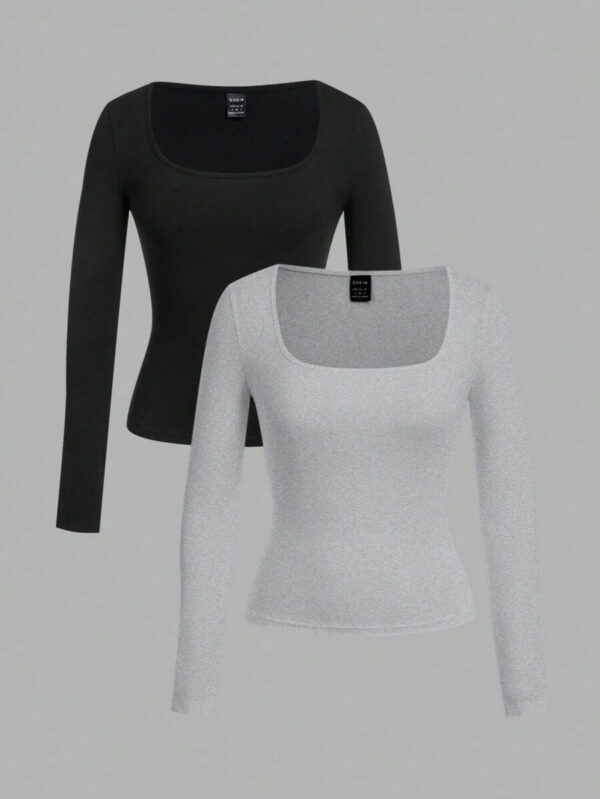 SHEIN EZwear 2 pièces/set T-shirt décontracté à manches longues et col carré moulant pour femme, adapté pour l'été – Image 20
