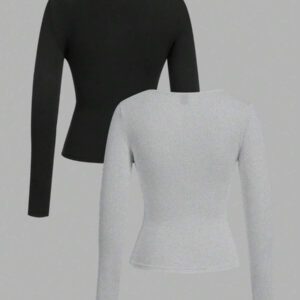 SHEIN EZwear 2 pièces/set T-shirt décontracté à manches longues et col carré moulant pour femme, adapté pour l'été