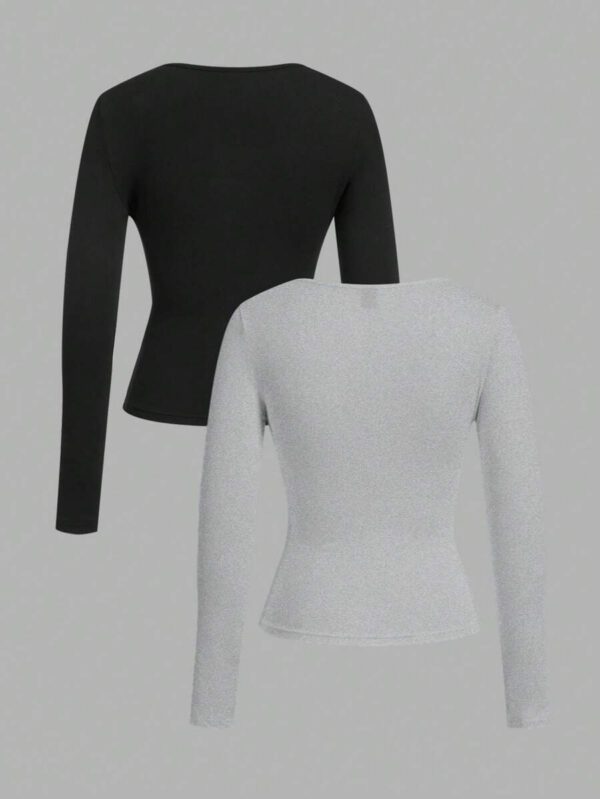 SHEIN EZwear 2 pièces/set T-shirt décontracté à manches longues et col carré moulant pour femme, adapté pour l'été – Image 21
