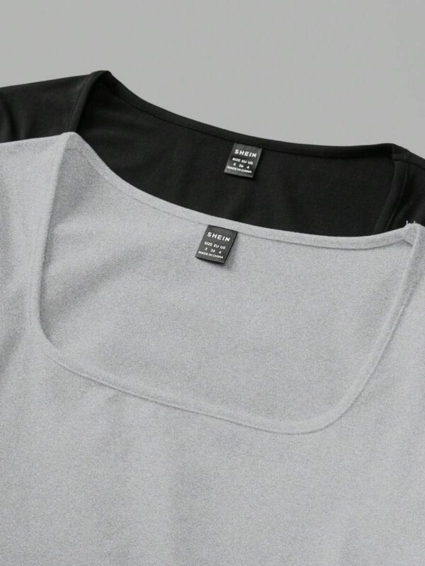SHEIN EZwear 2 pièces/set T-shirt décontracté à manches longues et col carré moulant pour femme, adapté pour l'été – Image 27