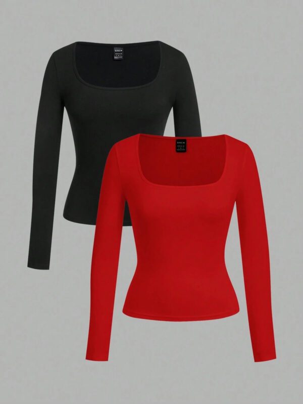 SHEIN EZwear 2 pièces/set T-shirt décontracté à manches longues et col carré moulant pour femme, adapté pour l'été – Image 28