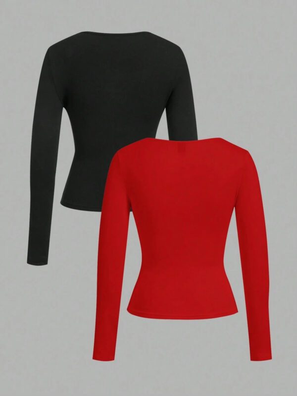 SHEIN EZwear 2 pièces/set T-shirt décontracté à manches longues et col carré moulant pour femme, adapté pour l'été – Image 29