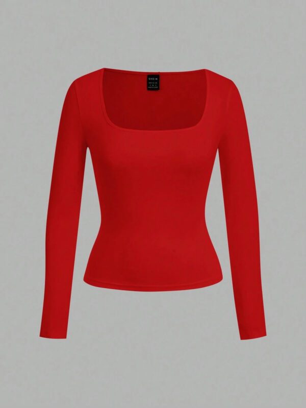 SHEIN EZwear 2 pièces/set T-shirt décontracté à manches longues et col carré moulant pour femme, adapté pour l'été – Image 32