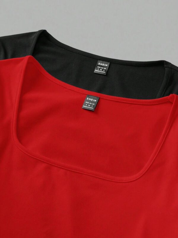 SHEIN EZwear 2 pièces/set T-shirt décontracté à manches longues et col carré moulant pour femme, adapté pour l'été – Image 35
